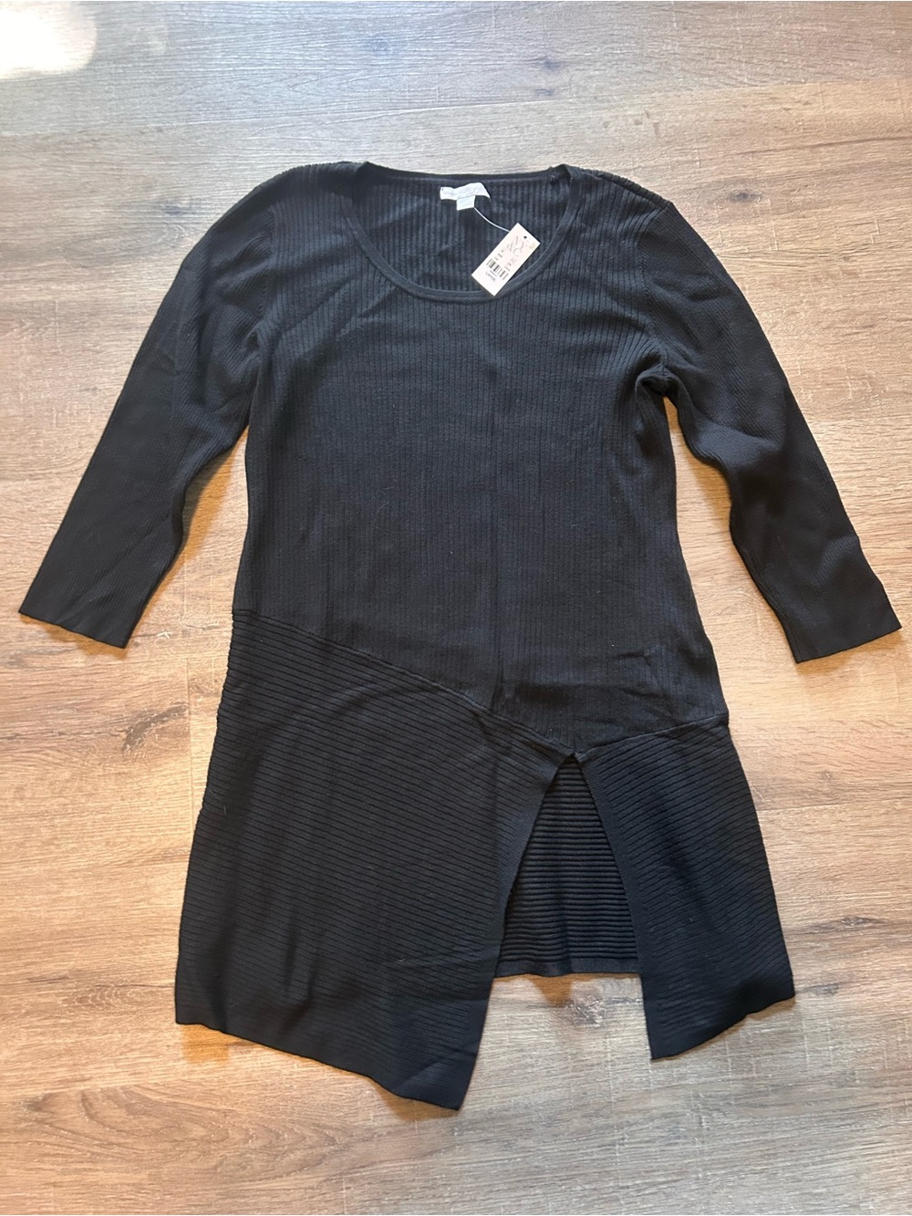 NY&C Tunic Top Womens Large Black Ribbed Knit 3/4 Sleeve Split Hem